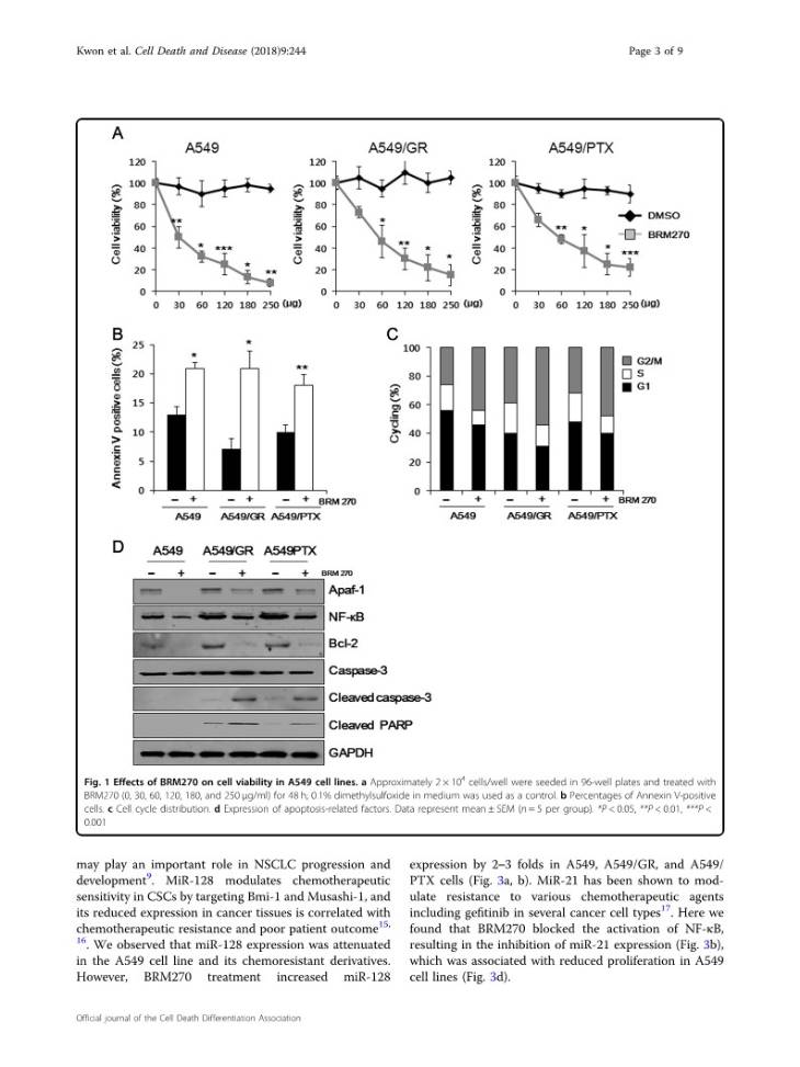 BRM 270 inhibits cancer stem cell maintenance via microRNA regulation in chemoresistant A549 lung adenocarcinoma cells